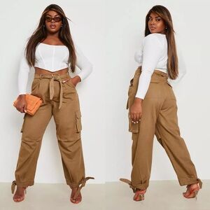 boohoo Women's Cotton Plus Size Tie Hem Slim Fit Cargo Pants in Camel, Size 22